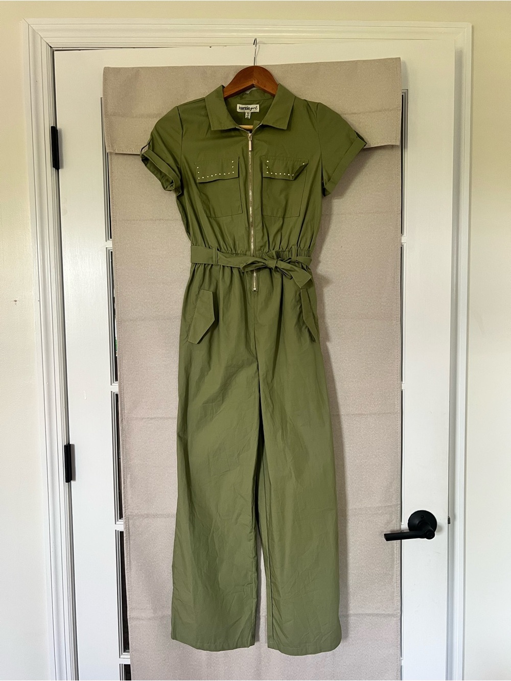 kenzie Olive Green Short-Sleeve Utility Jumpsuit with Tie Waist